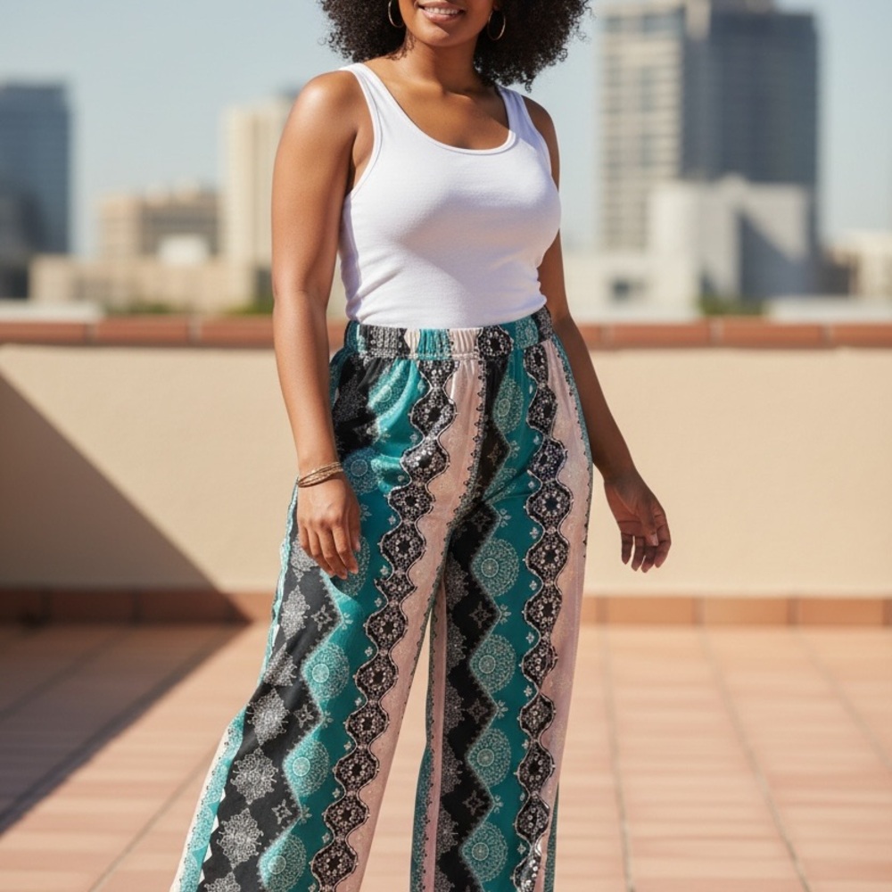 SHEIN Teal and Black Patterned Wide-Leg Pants